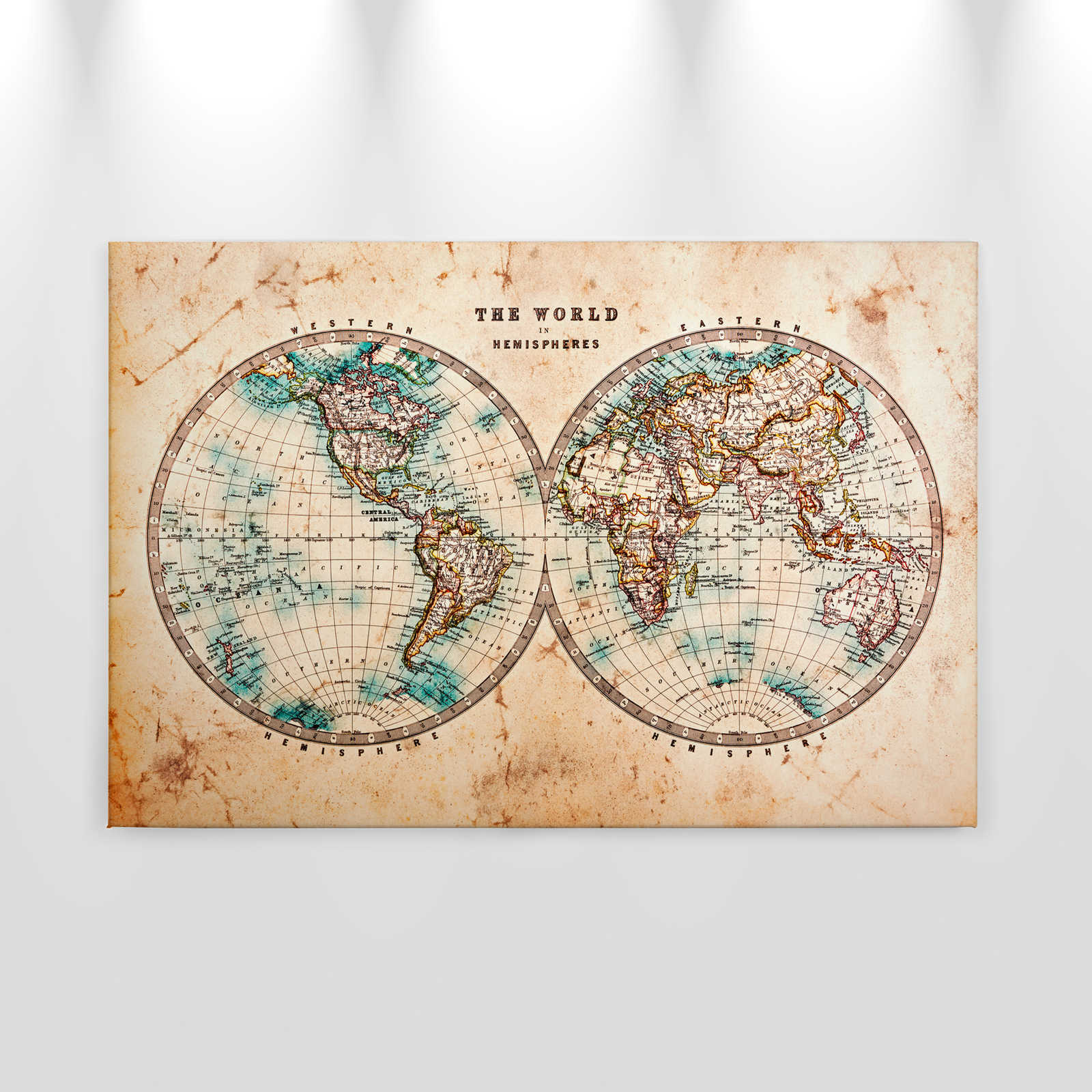             Canvas with Vintage World Map in Hemispheres | brown, beige, blue - 0.90 m x 0.60 m
        