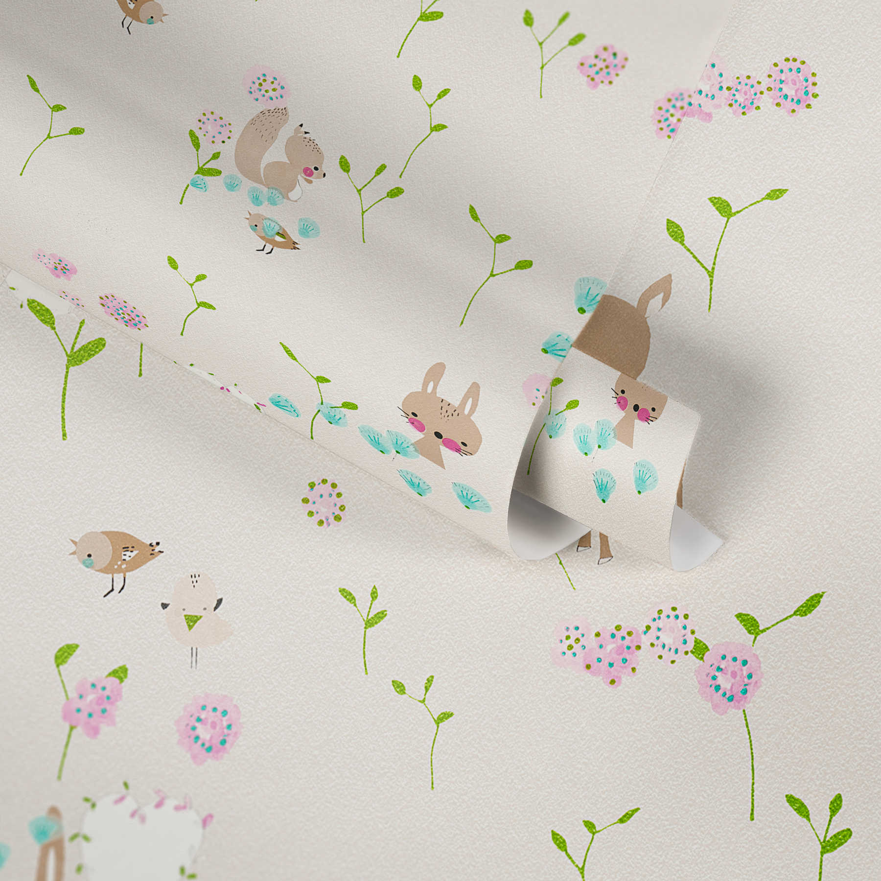             Children wallpaper with forest animals rabbit, deer & squirrel - beige, brown
        
