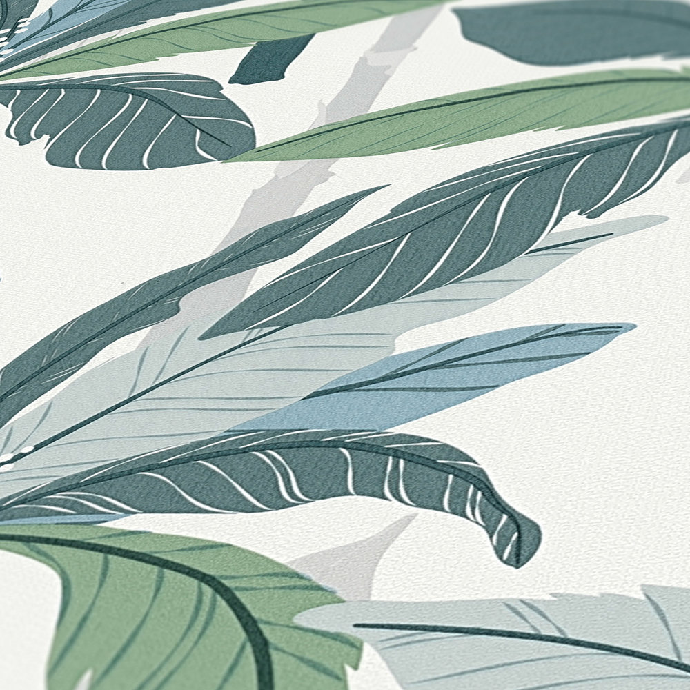             Tropisch behang met palmboom design - blauw, groen, wit
        