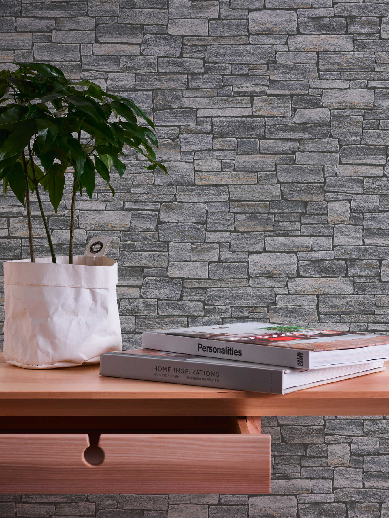             Wallpaper with stone look & natural wall motif - grey, black, brown
        