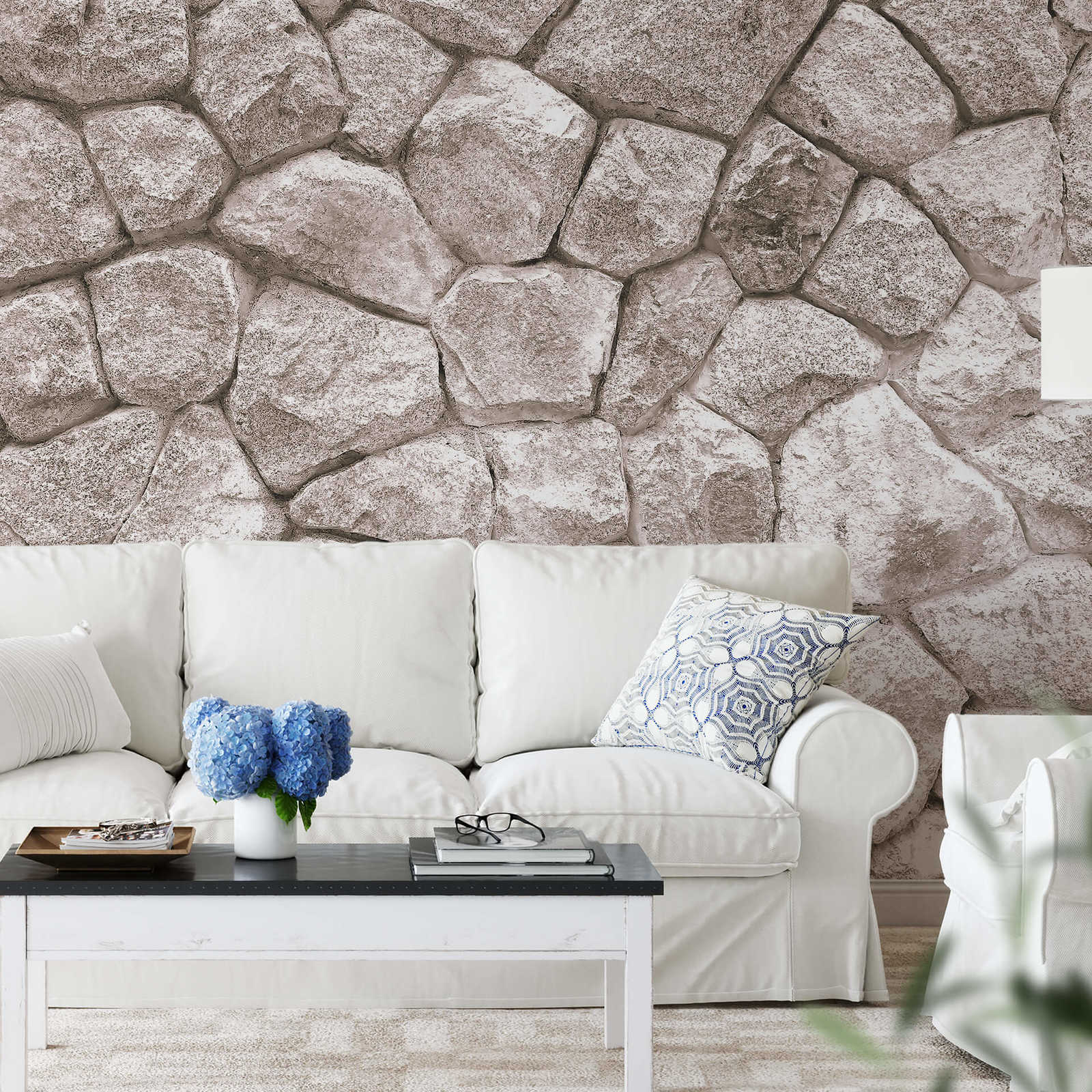             Papier peint mur de pierres aspect 3D - gris, blanc
        