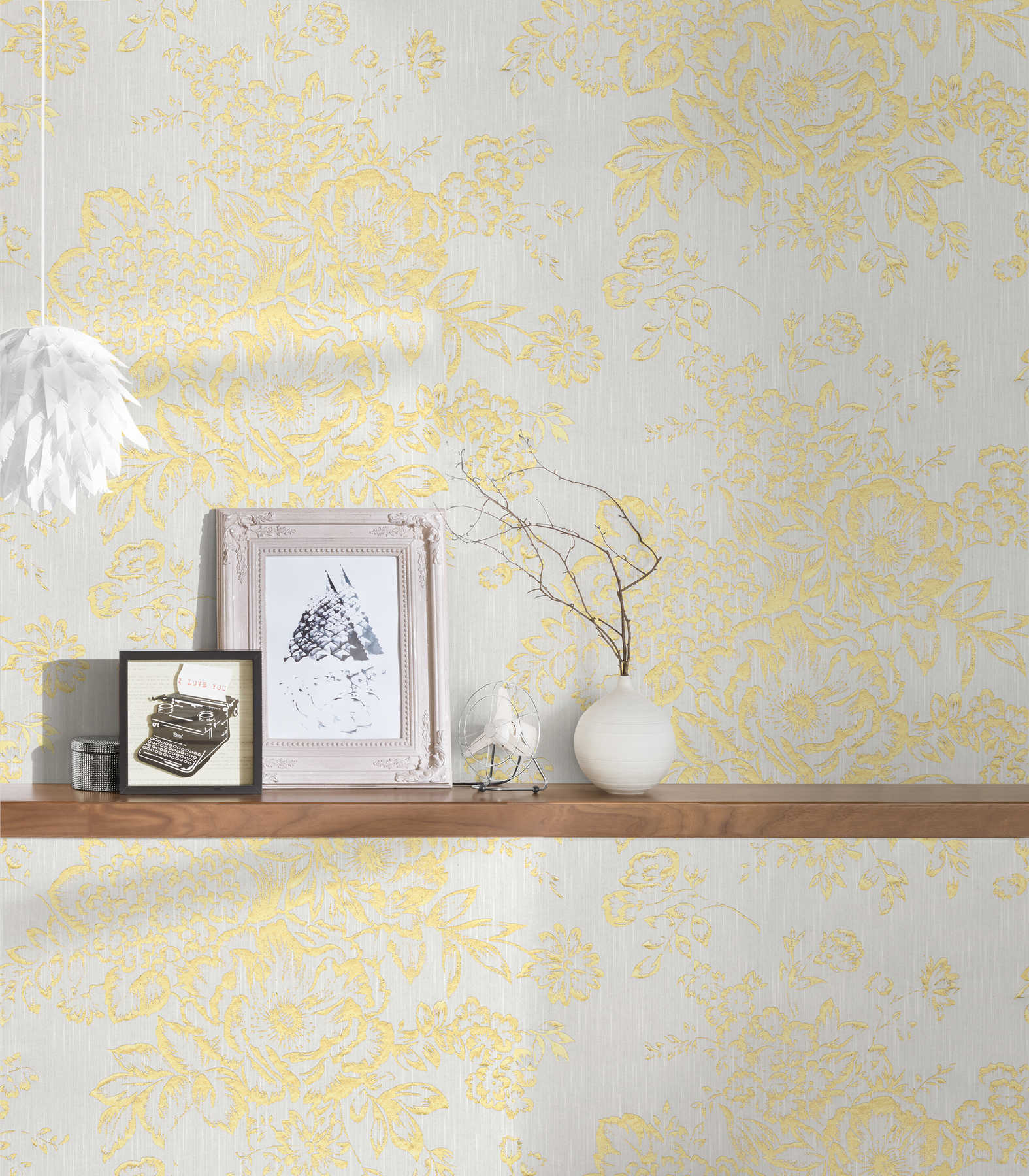             Papel pintado texturizado con motivos florales dorados - oro, blanco
        