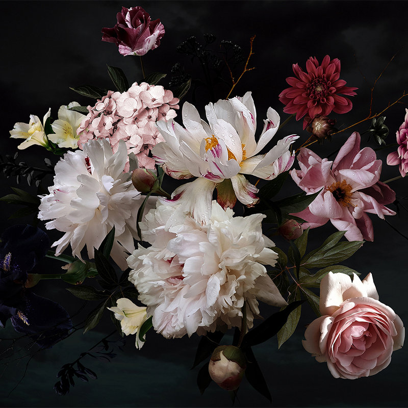 Papier peint bouquet de fleurs - blanc, rose, noir
