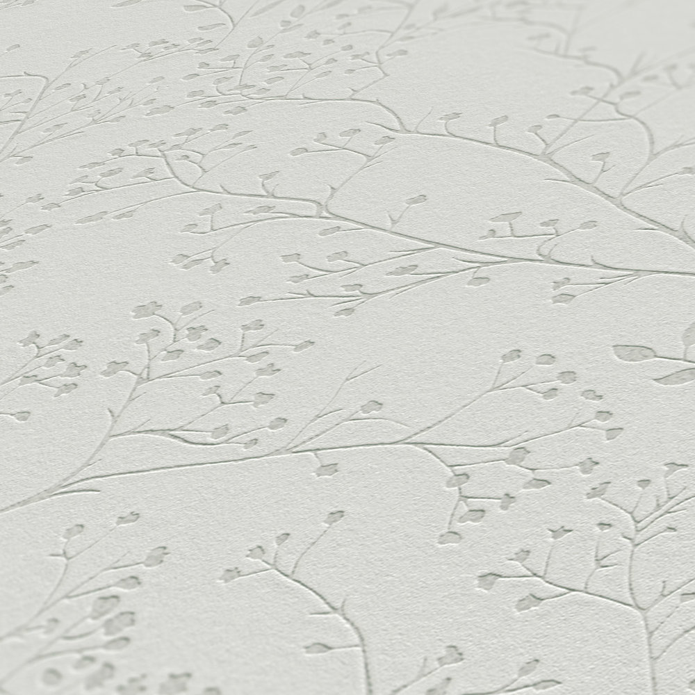             Papel pintado gris liso con estampado de hojas, efecto brillo y textura
        