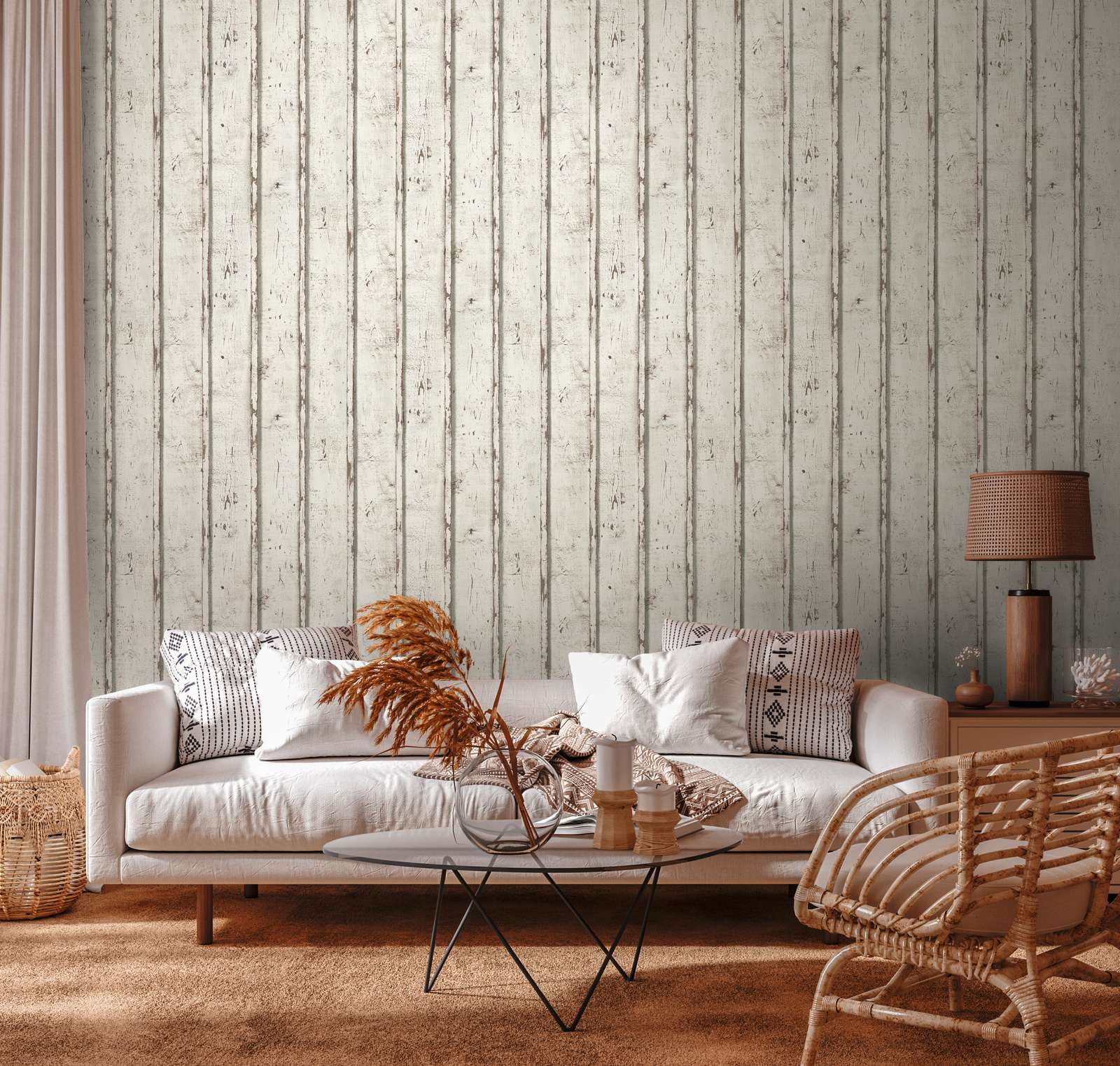             Wooden wallpaper in used look with weathered wooden boards - white, cream, grey
        
