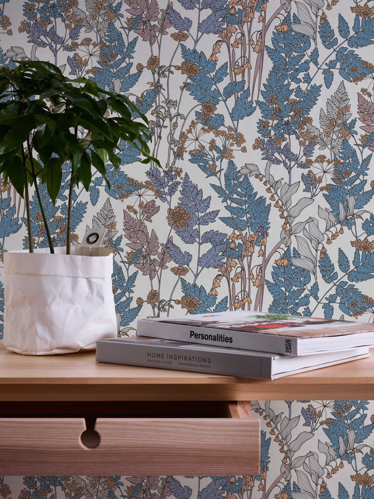            Nature wallpaper leaves & flowers in modern country style - blue, cream, beige
        