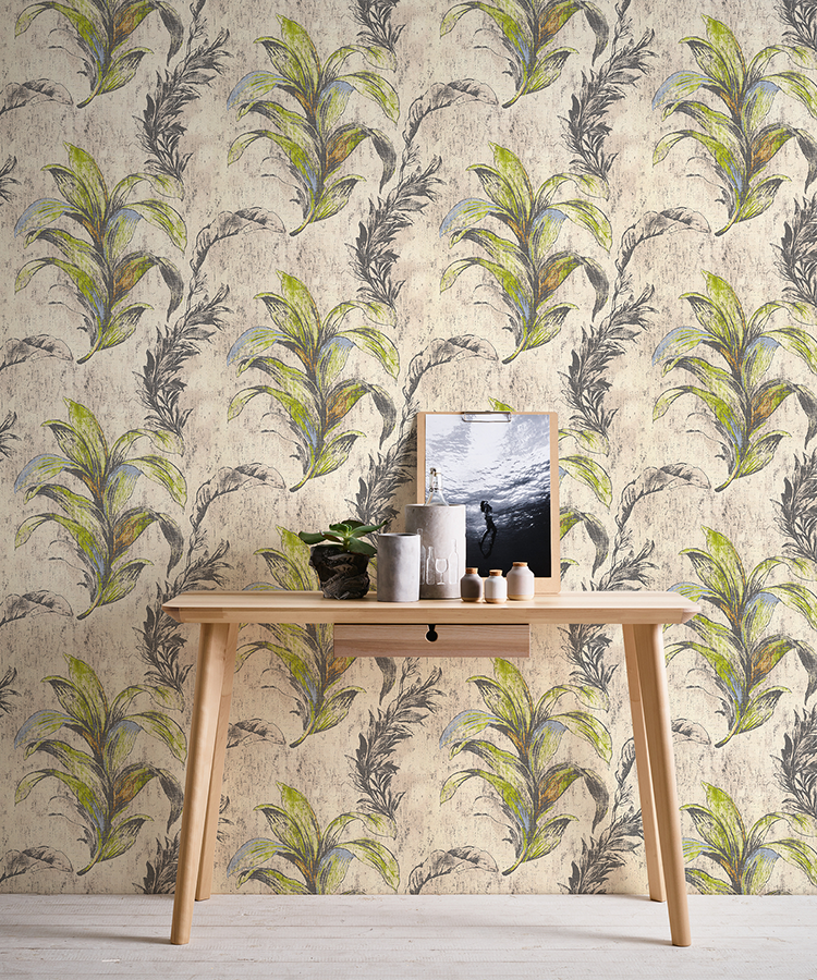 Room picture with desk in front of leaf wallpaper by designer Michalsky AS304564