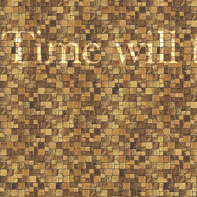 Carta da parati a mosaico con effetto pietra e scritta grafica - Giallo, marrone, bianco
