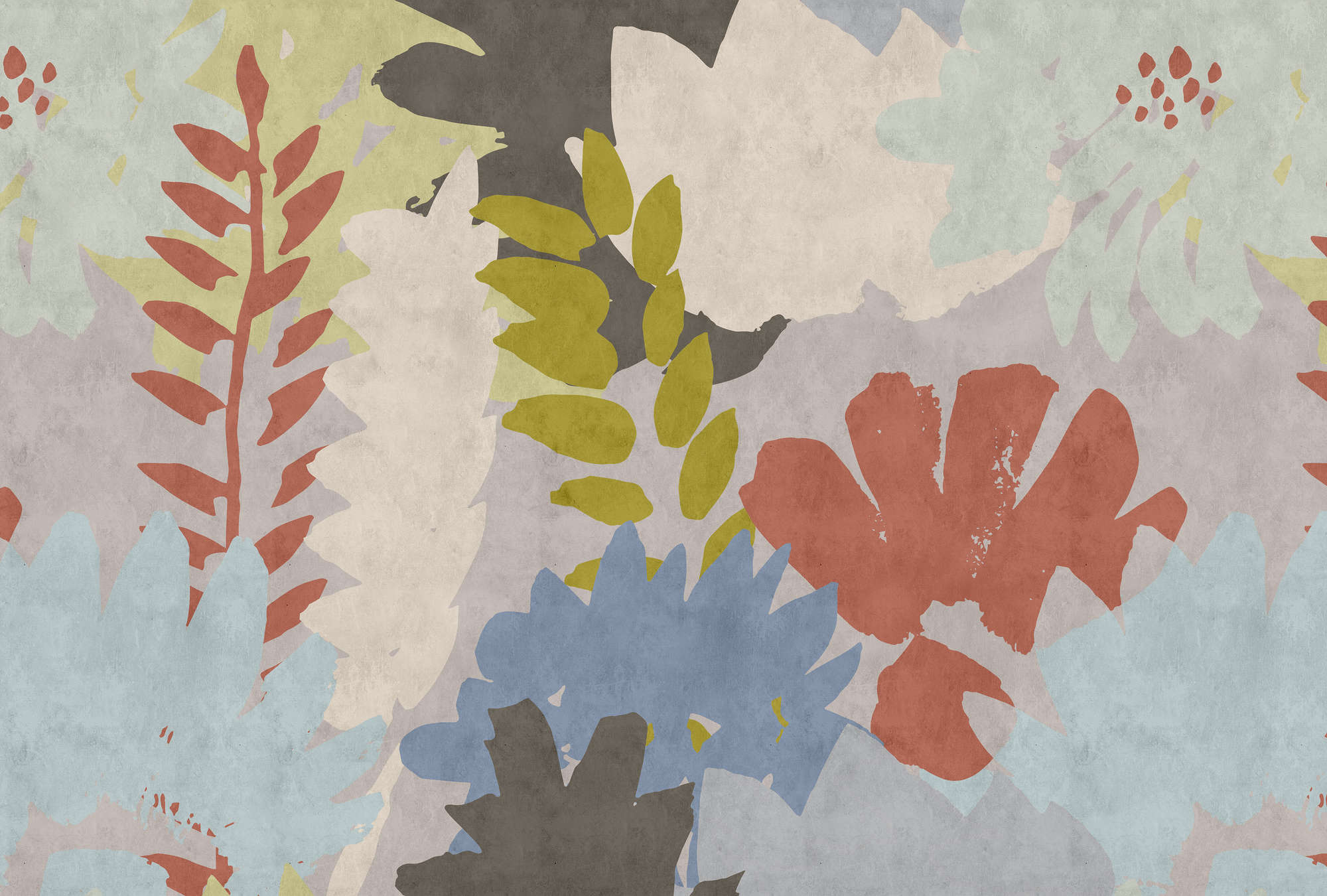             Floral Collage 3 - Abstract behang in vloeipapierstructuur met bladmotief - Blauw, Crème | Parelmoer glad vlies
        