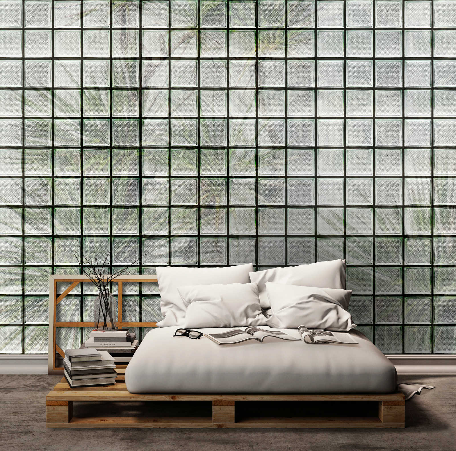             Green House 1 - Papier peint panoramique palmiers & briques de verre
        