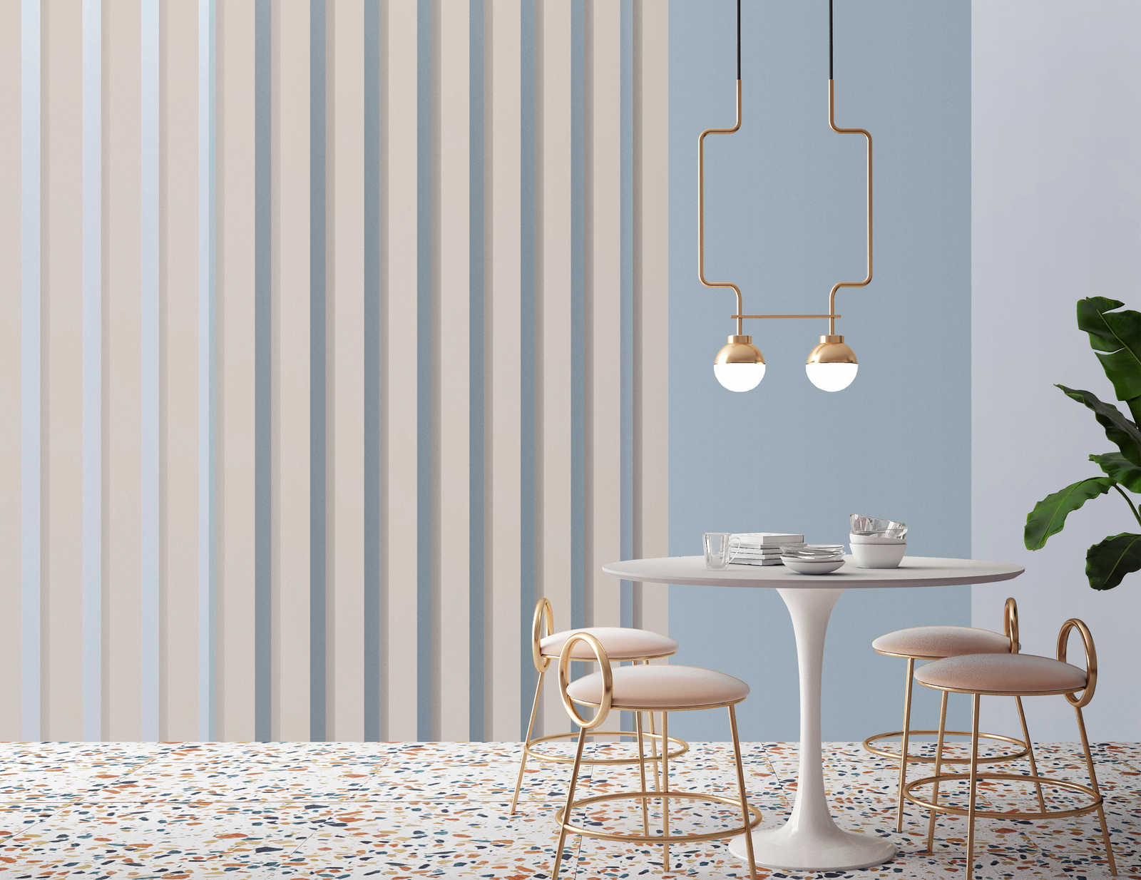            Illusion Room 2 - Mural de pared con diseño de rayas 3D en azul y gris
        