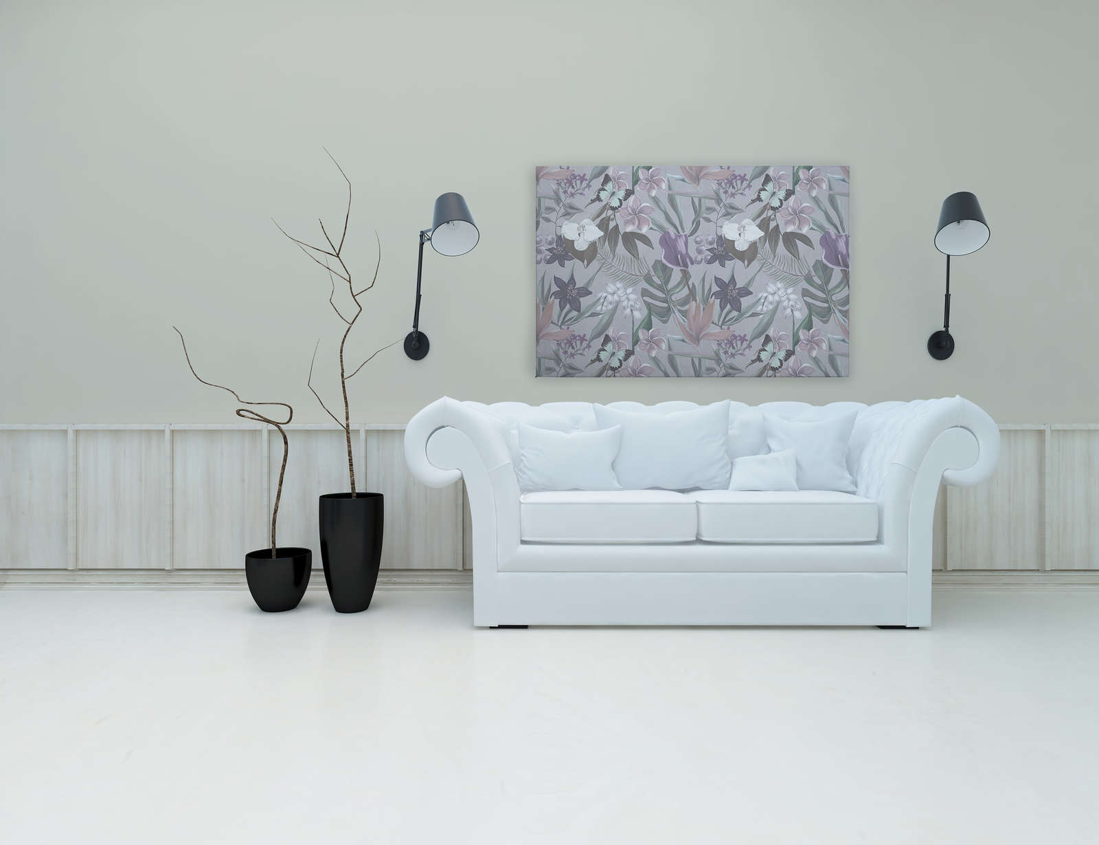             Pittura su tela Jungle floreale disegnata | rosa, bianco - 1,20 m x 0,80 m
        