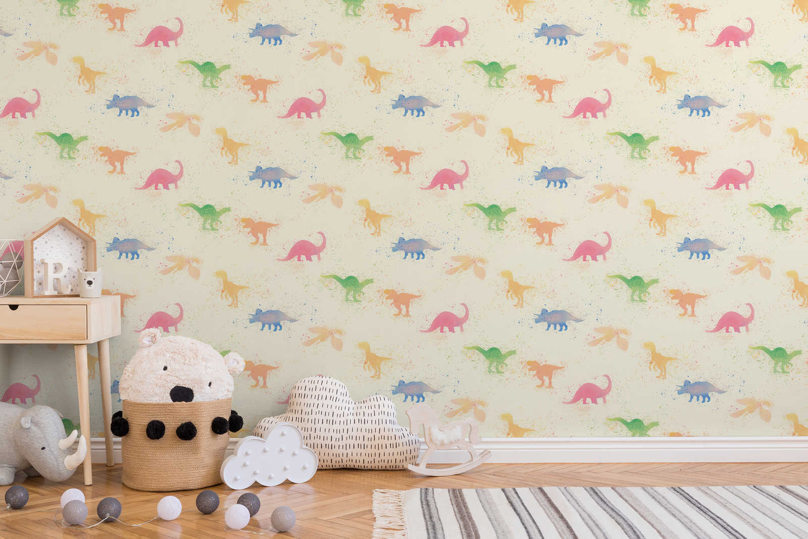             Dino wallpaper watercolour nursery - colourful, beige, pink
        