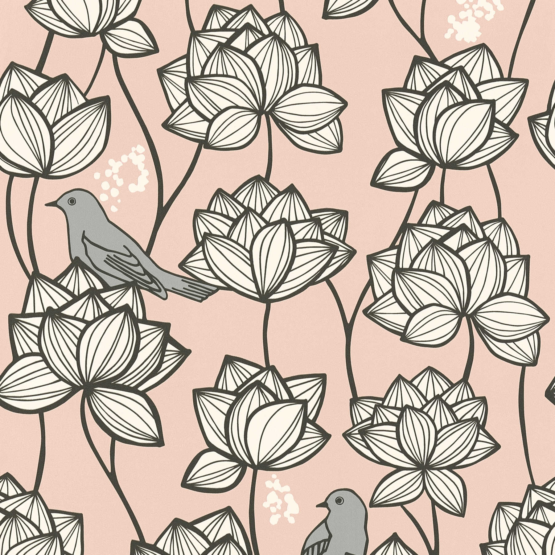 Papel pintado no tejido flores zarcillos con pájaros en estilo line art - gris, rosa
