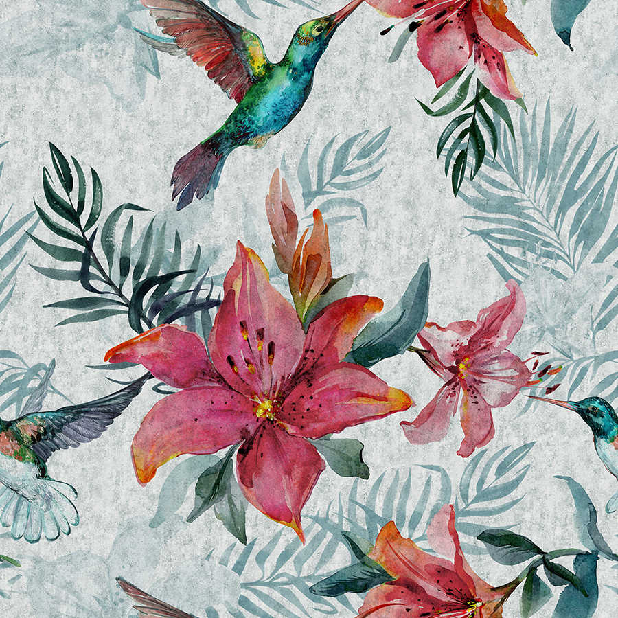Papel pintado gráfico Flores de la selva con pájaros sobre vellón liso de nácar
