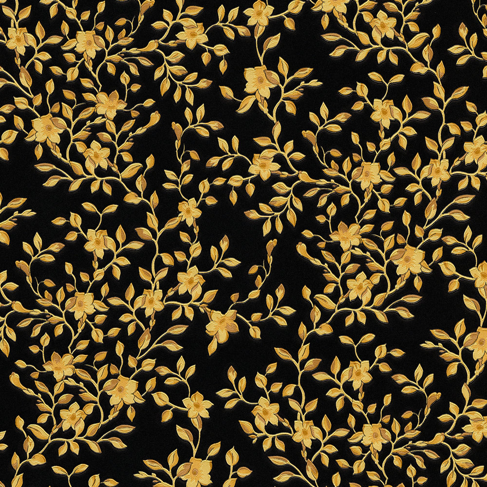             Papel pintado VERSACE negro con hojas y flores doradas
        