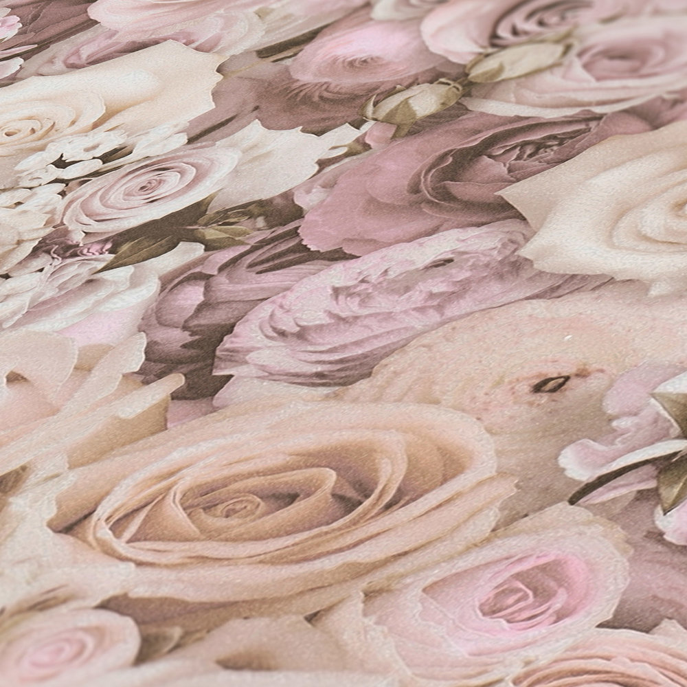             Papier peint adhésif | motif floral avec roses - rose, crème
        