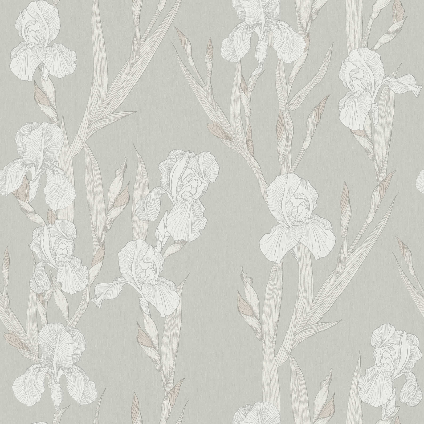 Floral wallpaper stylized, flower tendrils & modern design - grey, white
