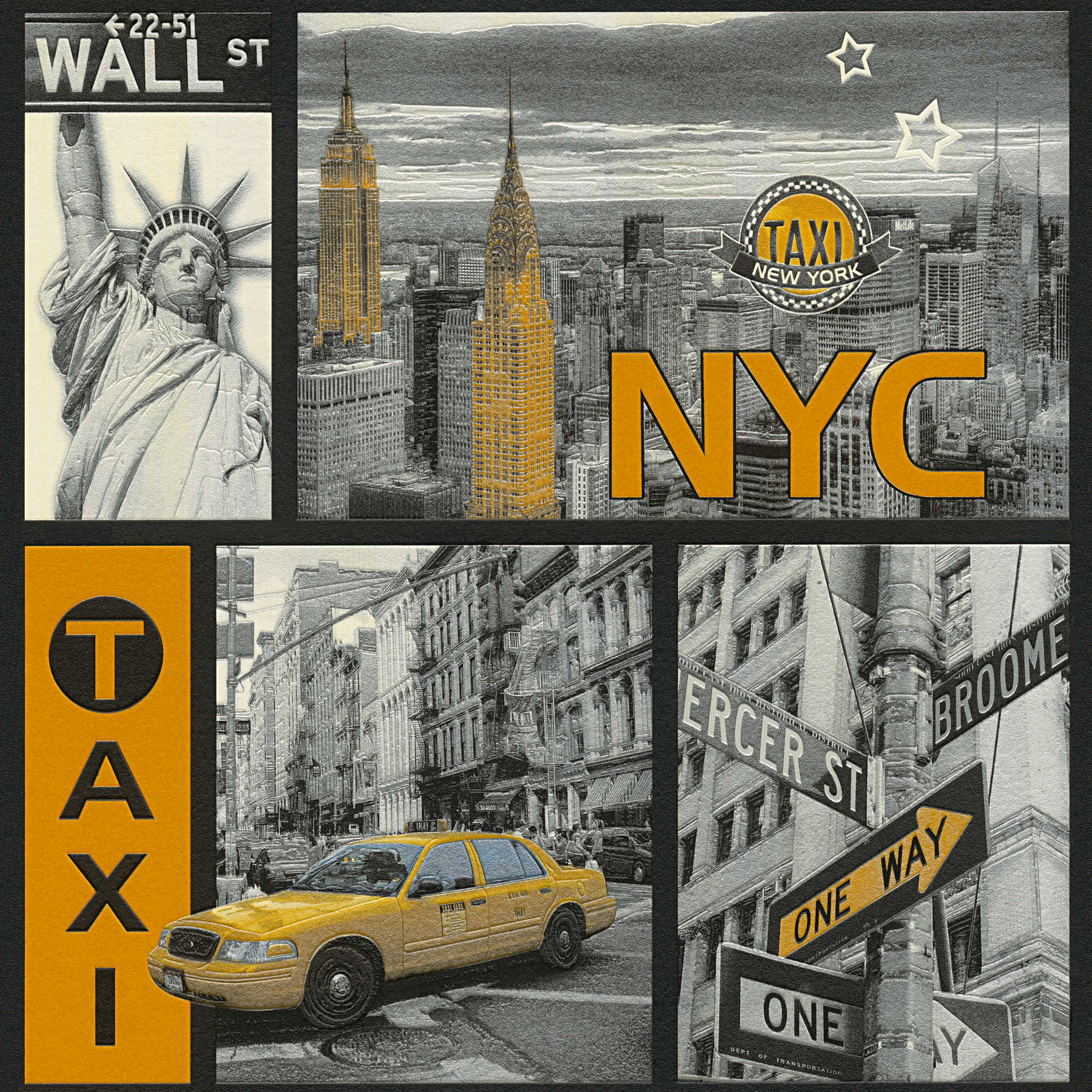 Carta da parati con effetto lucido sullo skyline di New York - nero, giallo
