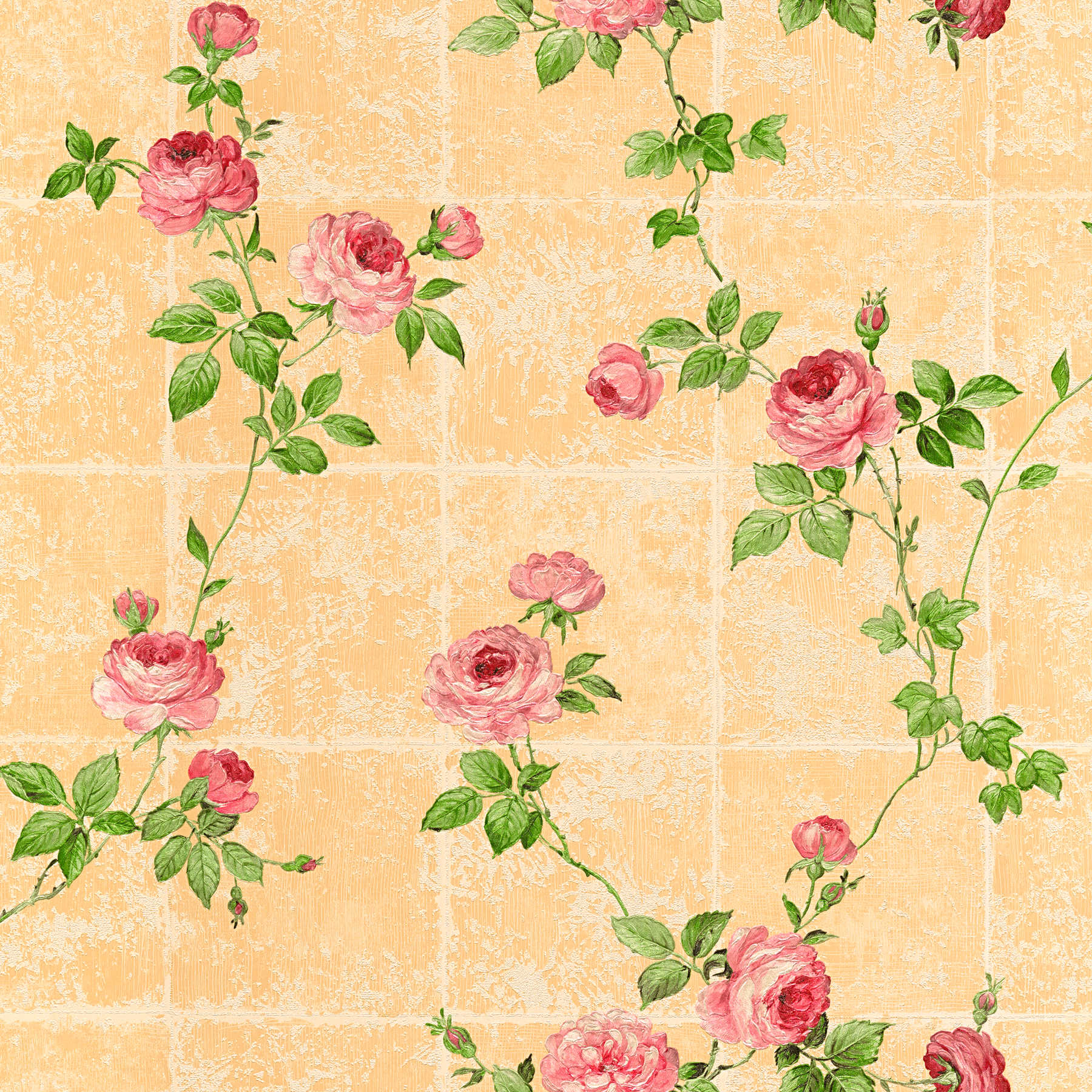 Tile optics wallpaper rustic with roses - colourful
