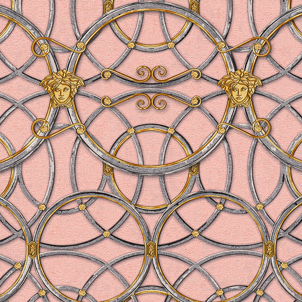             Papel pintado VERSACE Home con motivo de círculo y medusa - plata, oro, rosa
        