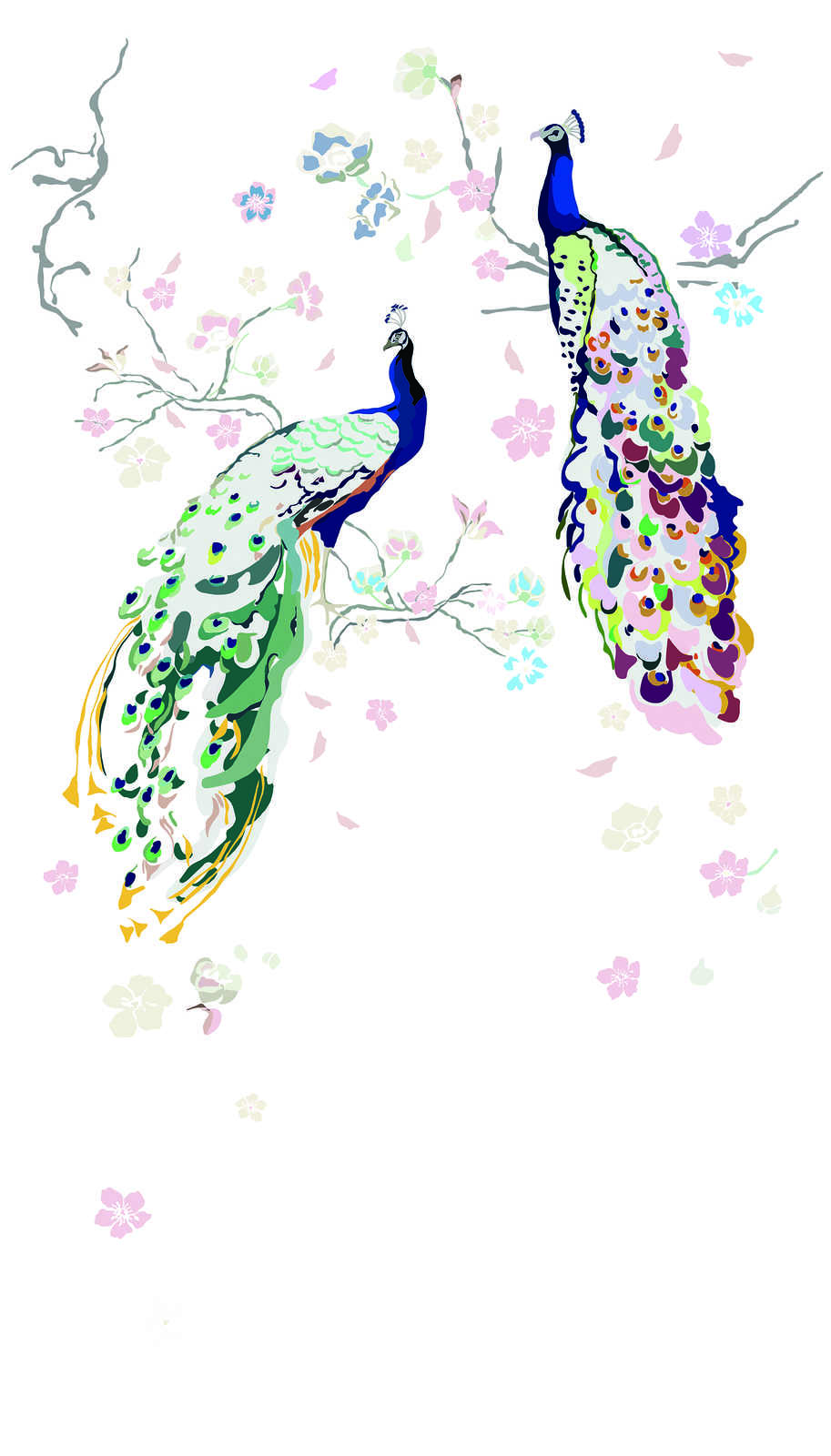             Non-woven wallpaper with peacock and flowers - white, colourful, blue, green, pink
        