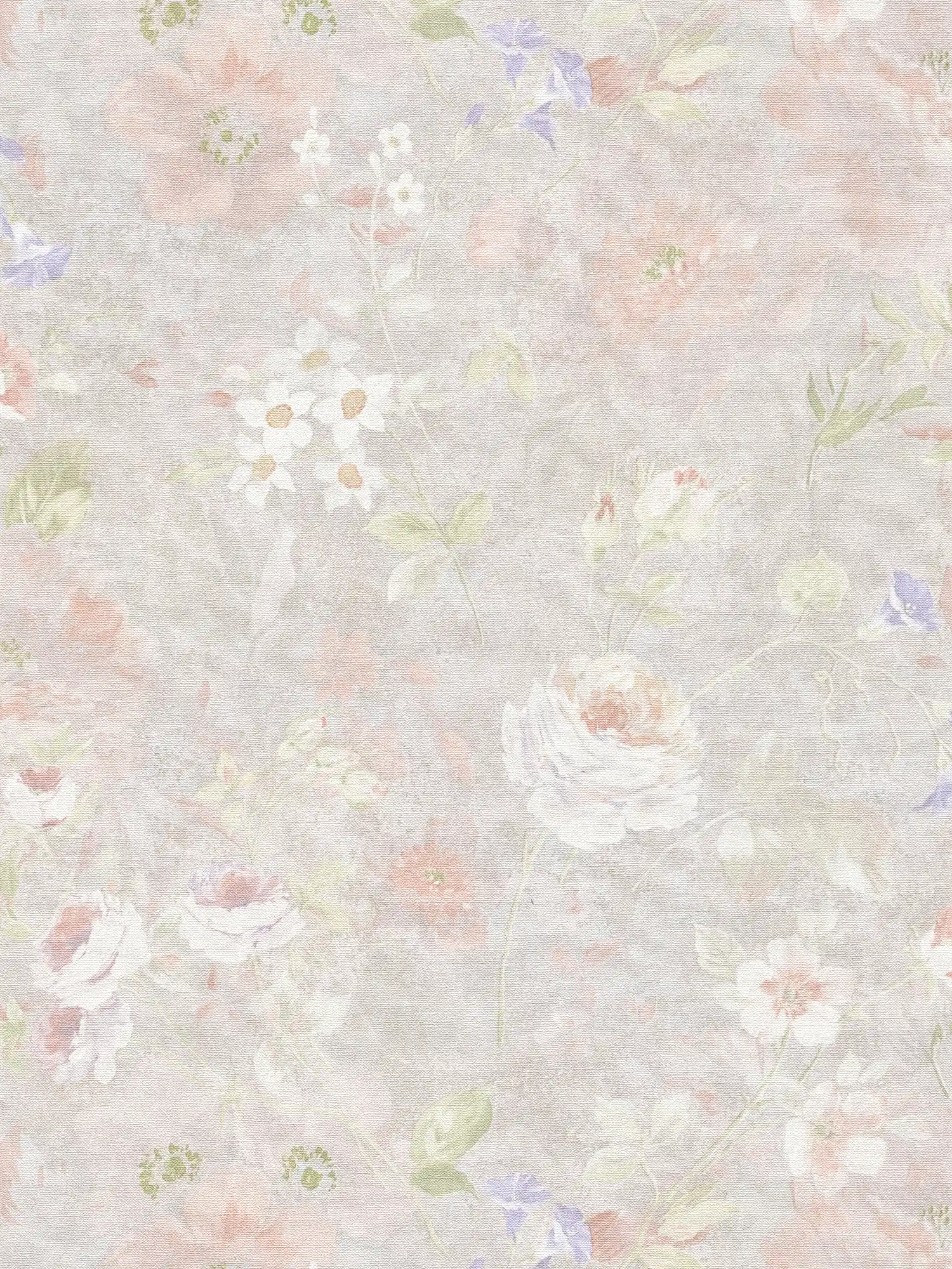 Flower wallpaper painted pattern PVC-free - grey, multicoloured, pink
