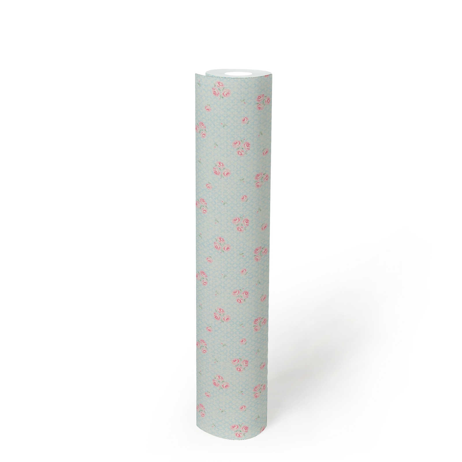             Papel pintado floral estilo Shabby Chic - azul, rosa, blanco
        