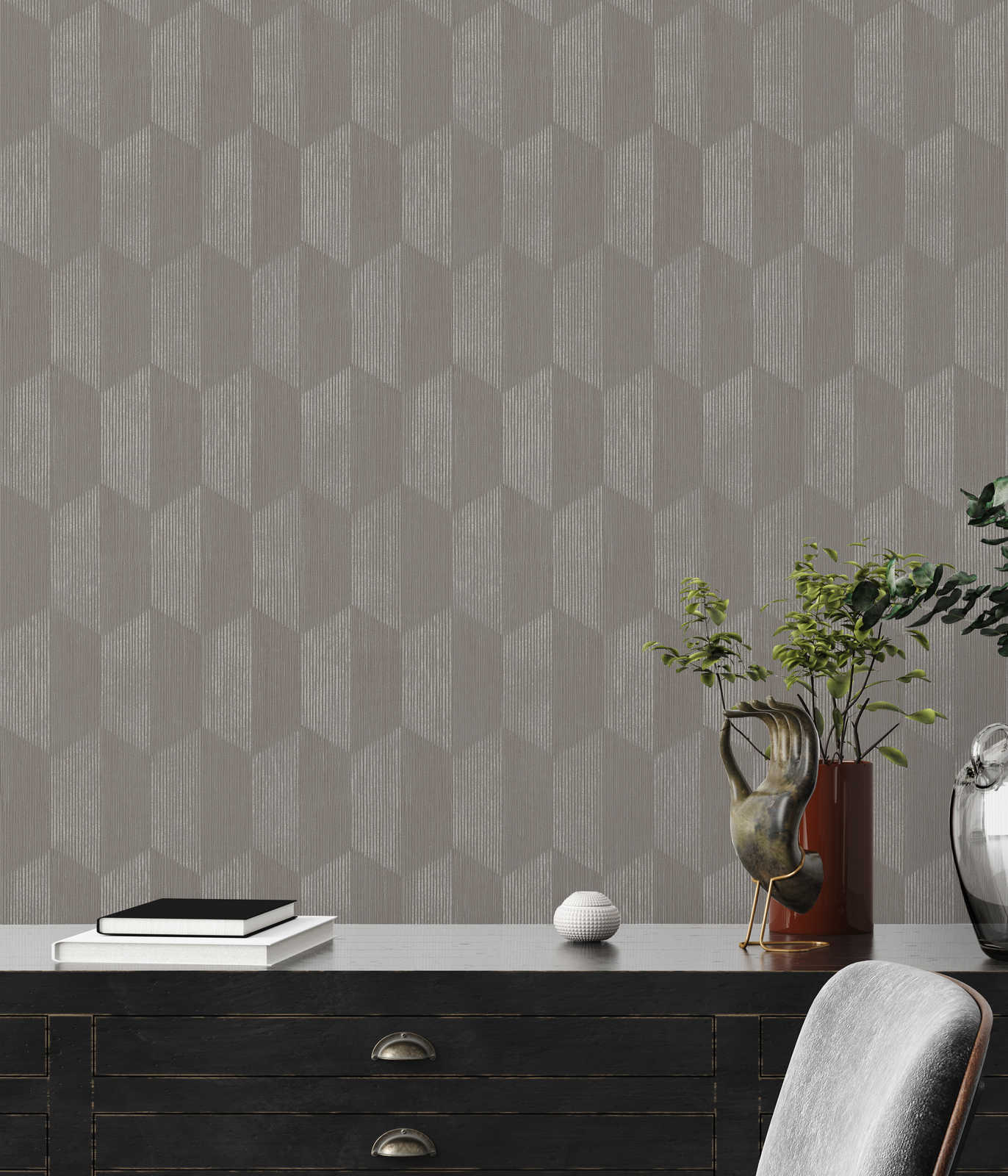             Textuurbehang met 3D grafisch patroon - grijs, beige
        