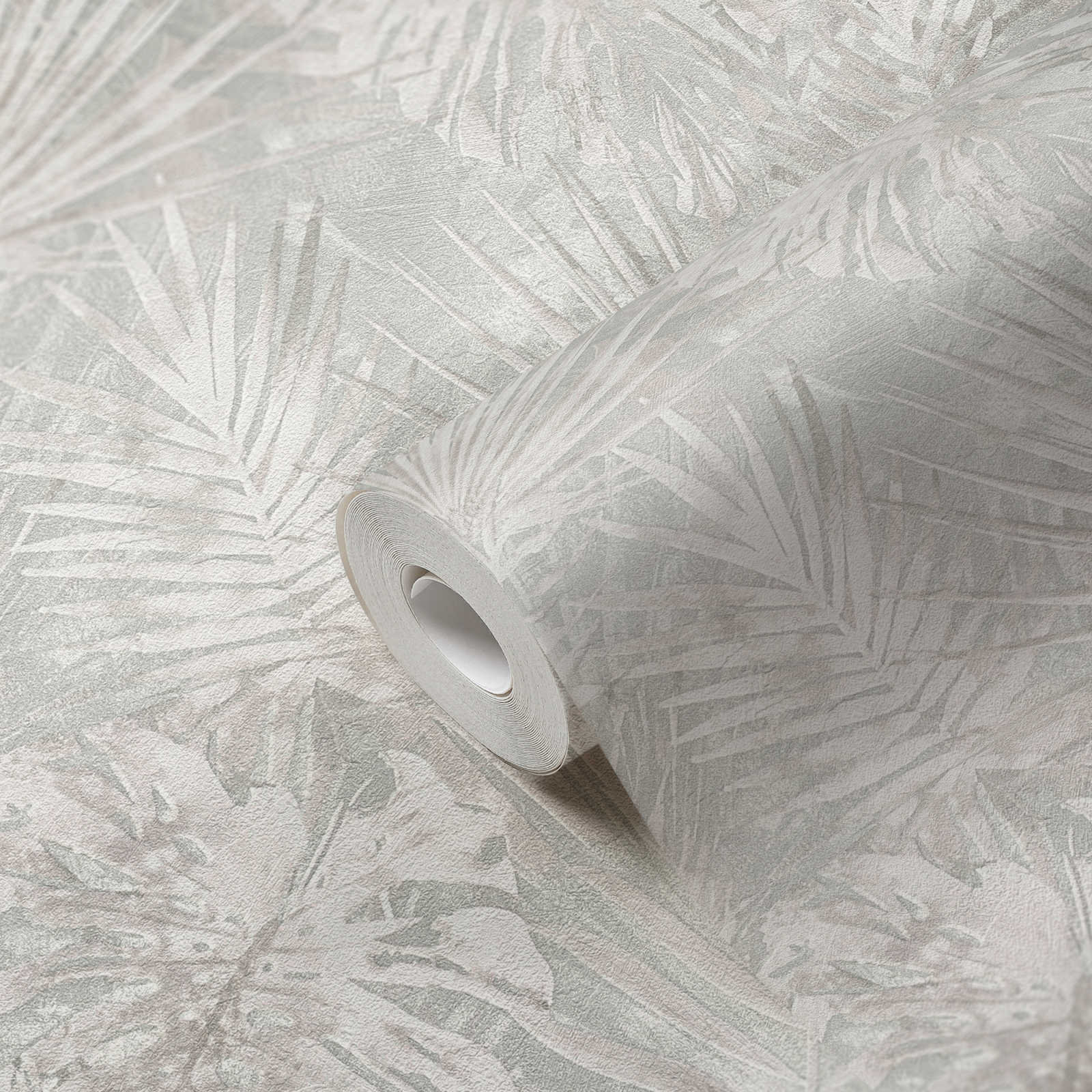             Papier peint intissé avec motif de feuilles sans PVC - gris, beige, blanc
        