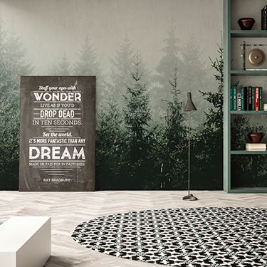 Living room accent wall with forest photo wallpaper DD119873