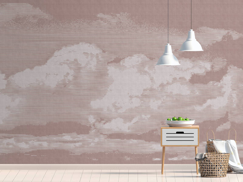             Clouds 3 - Papier peint céleste avec motif de nuages - structure lin naturel - gris, rose | Premium intissé lisse
        