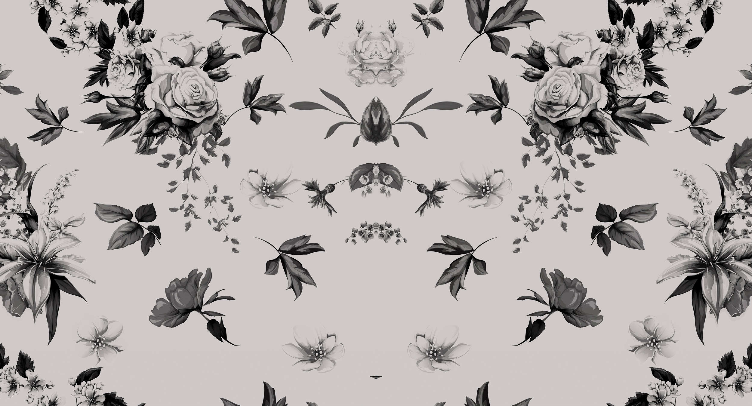            Papier peint panoramique roses & fleurs design miroir - gris, noir
        