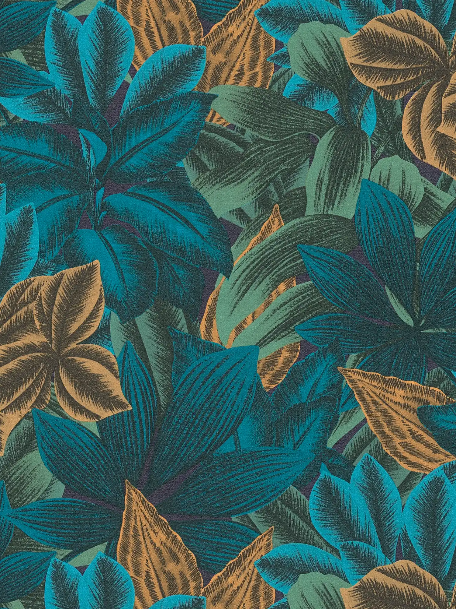 Gebloemd vliesbehang met jungle bladmotief - blauw, oranje, paars
