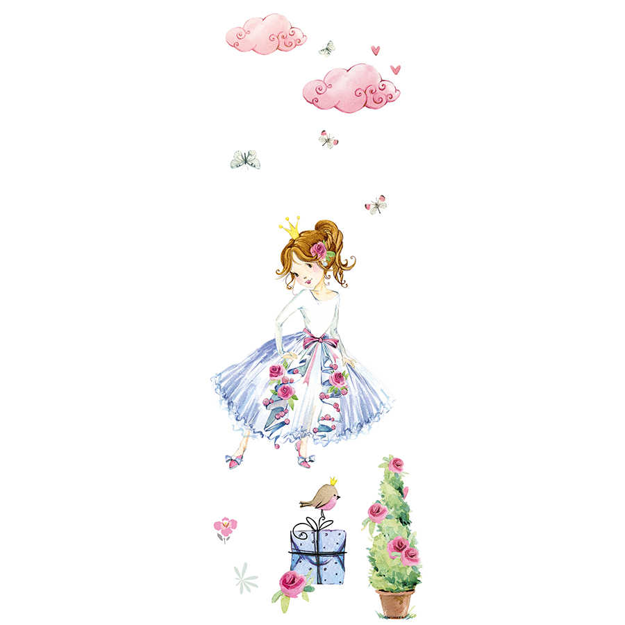 Papier peint panoramique enfant motif princesse en bleu et rose sur intissé lisse mat
