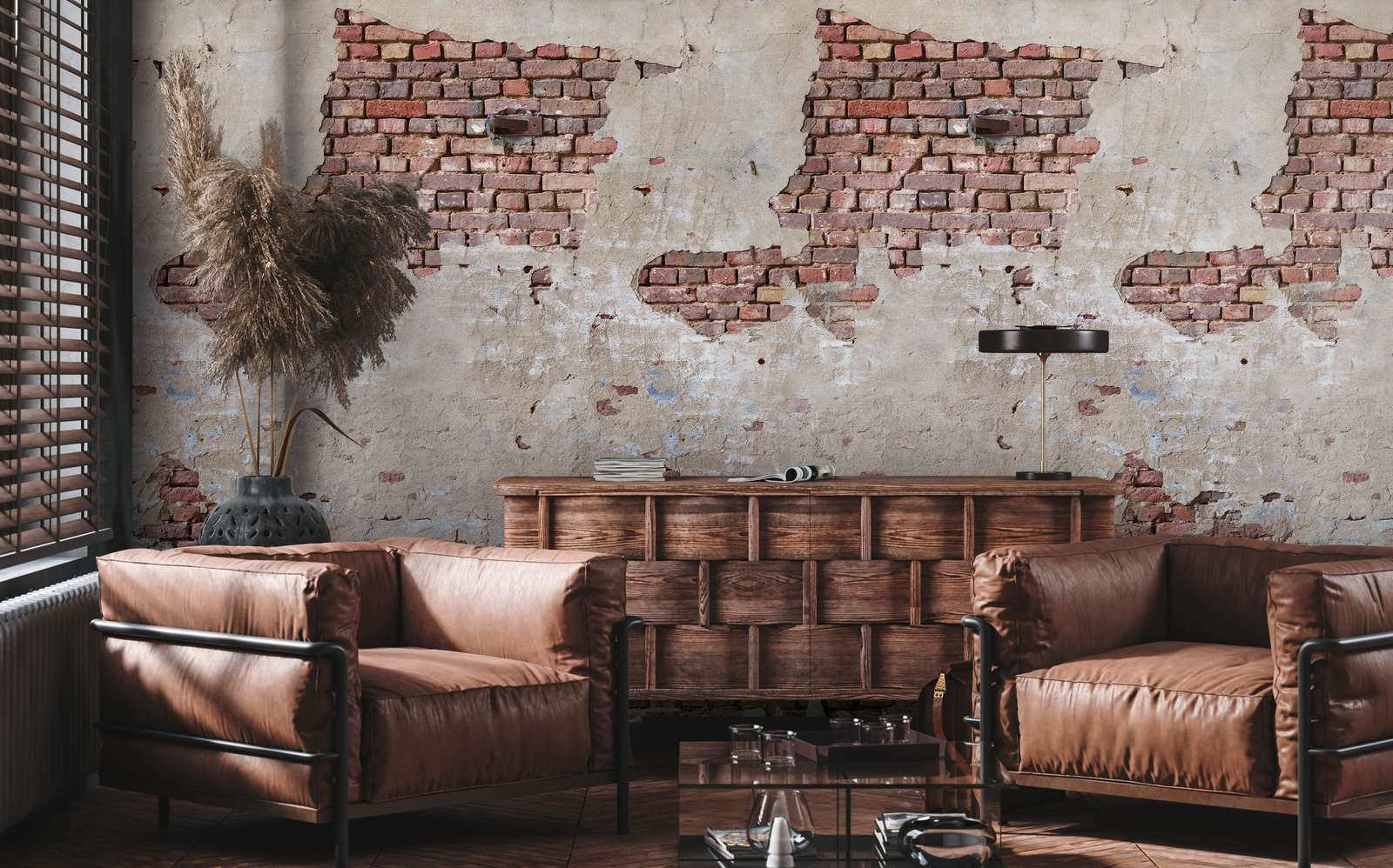             Brick wall wallpaper with plaster in abstract look - beige, red, brown
        