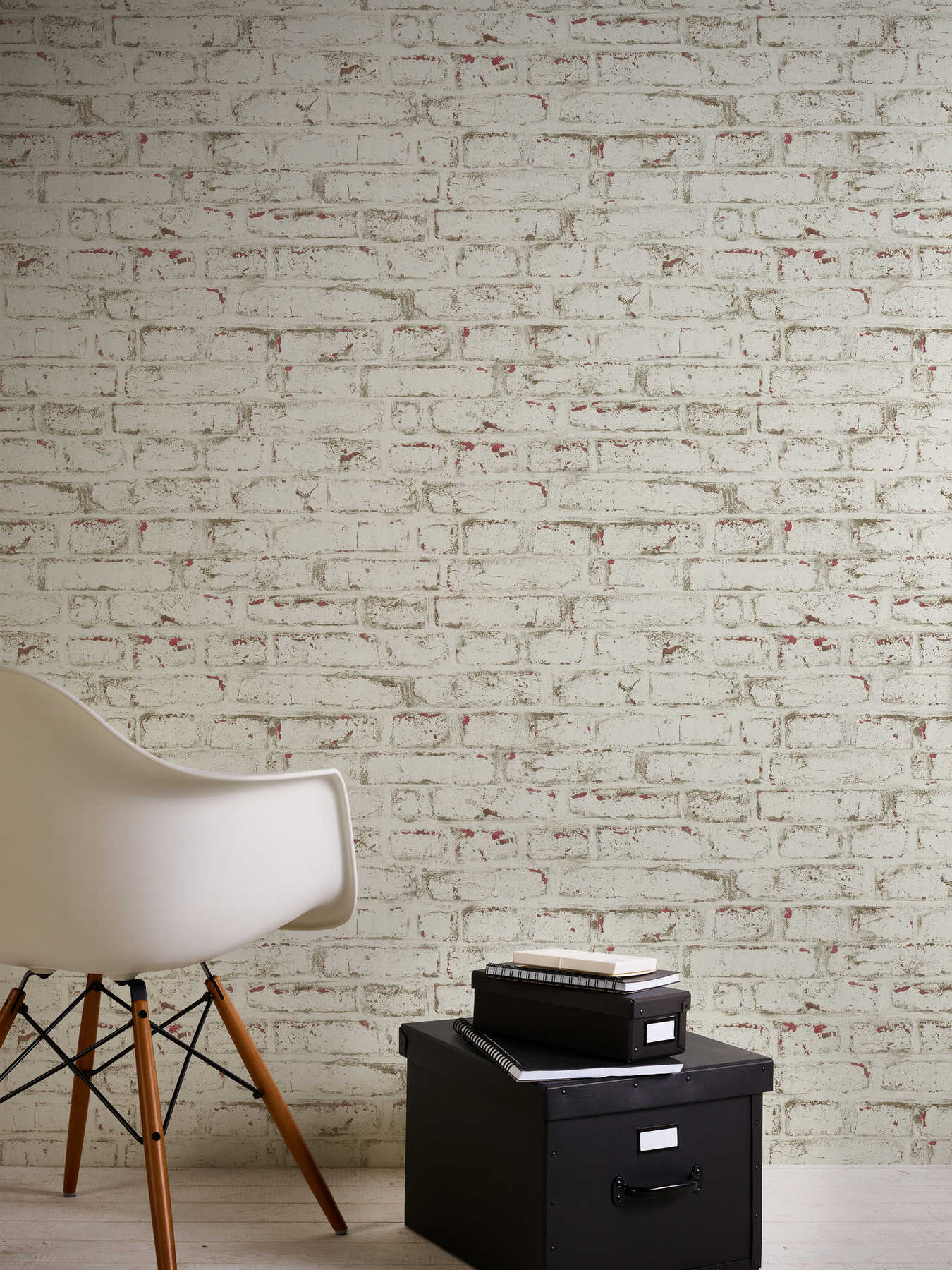             Stone look wallpaper with white brick in vintage look - white, red, beige
        