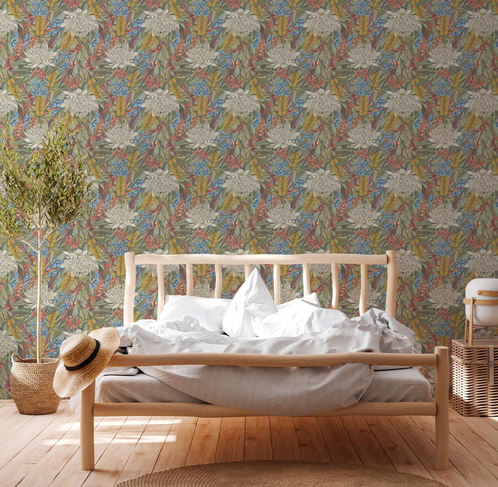             Floral wallpaper in jungle style with leaves & flowers textured matt - multicoloured, green, yellow
        