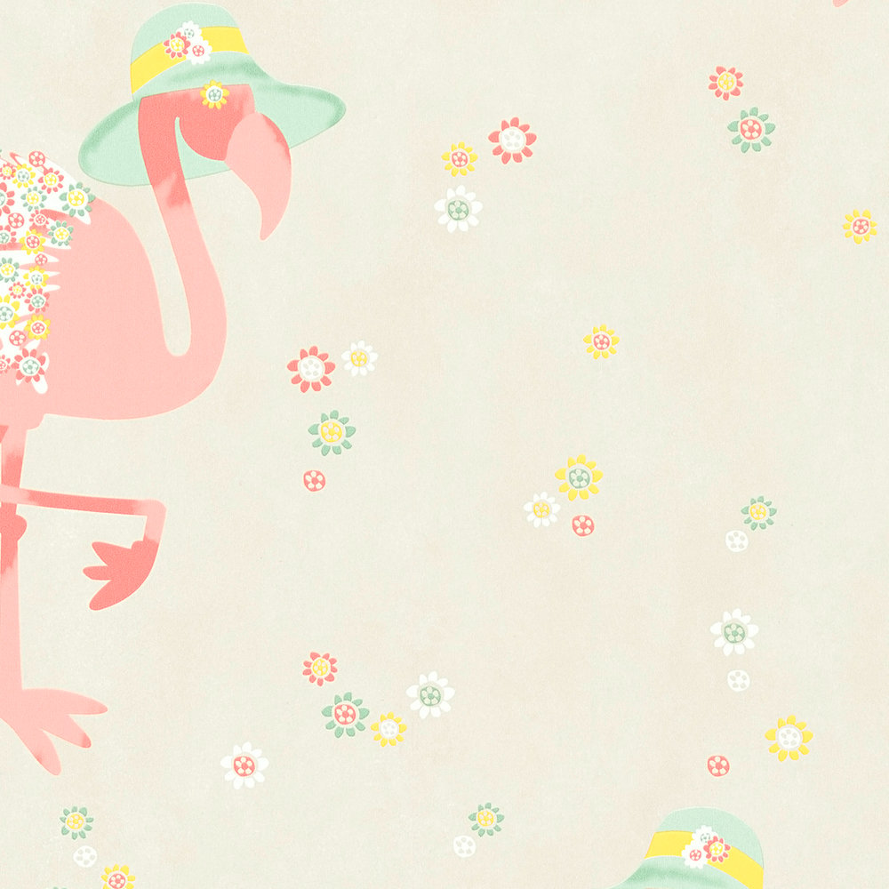             Non-woven wallpaper flamingo & flowers pattern - beige, pink
        