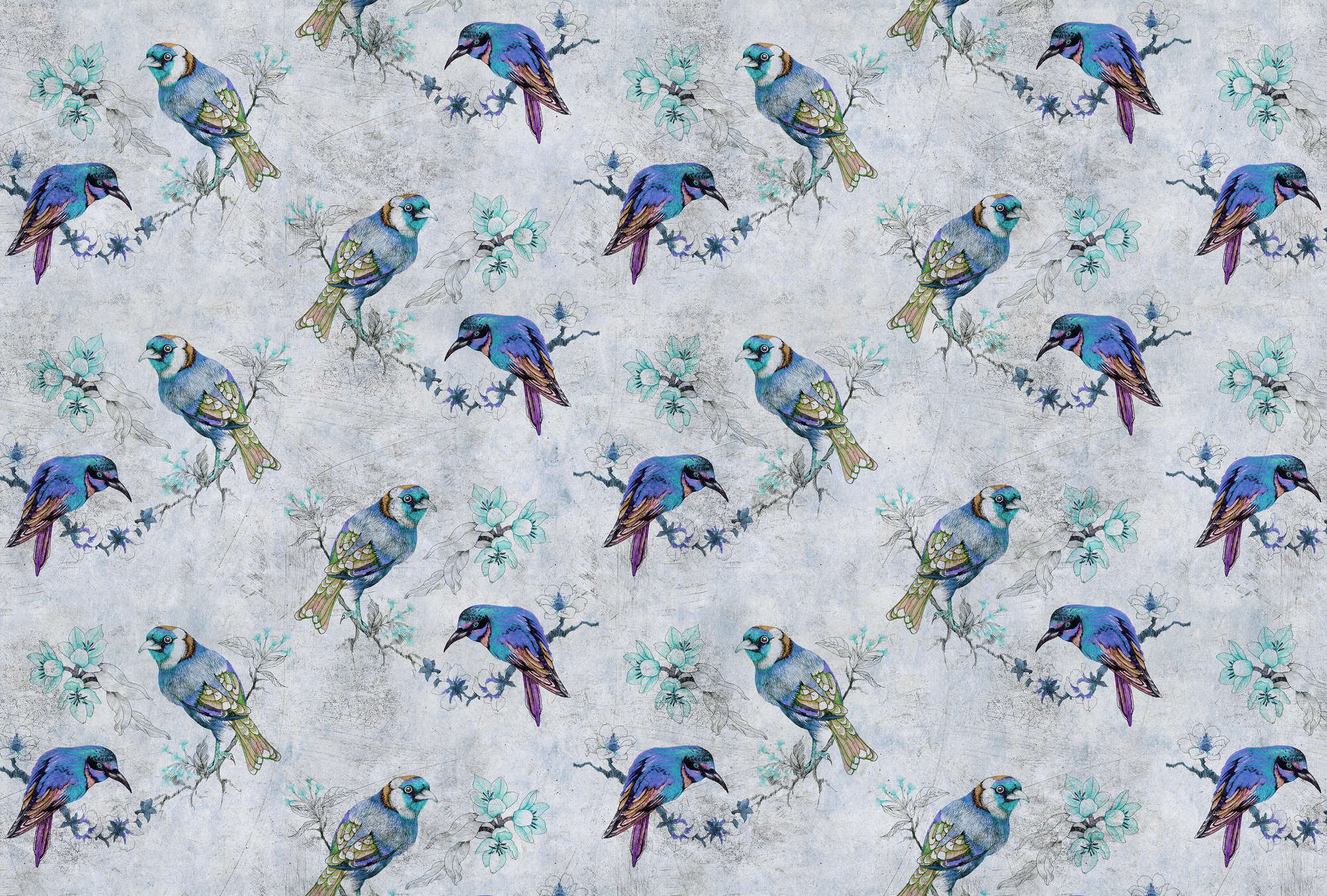             Love birds 1 - Papier peint motif oiseaux style dessin à texture rayée - bleu, gris | Intissé lisse mat
        