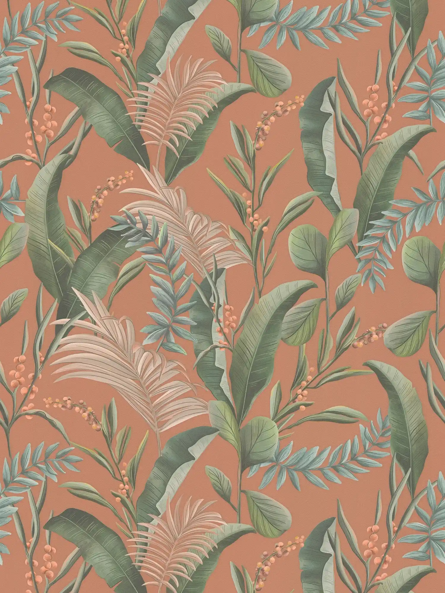 Floral jungle wallpaper with leaves matt textured - orange, red, green
