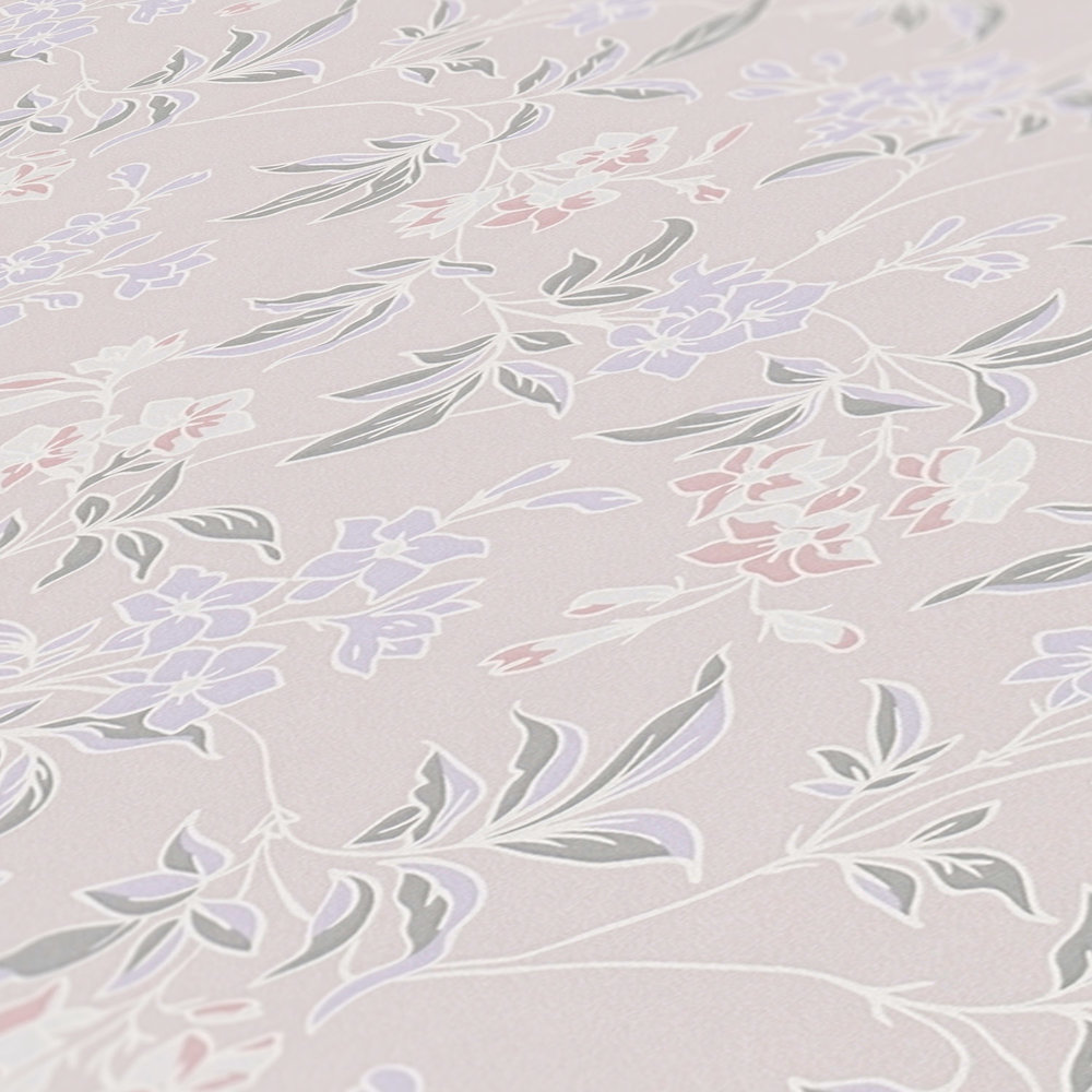             Papel pintado no tejido de estilo inglés con motivos florales - crema, rosa, morado
        