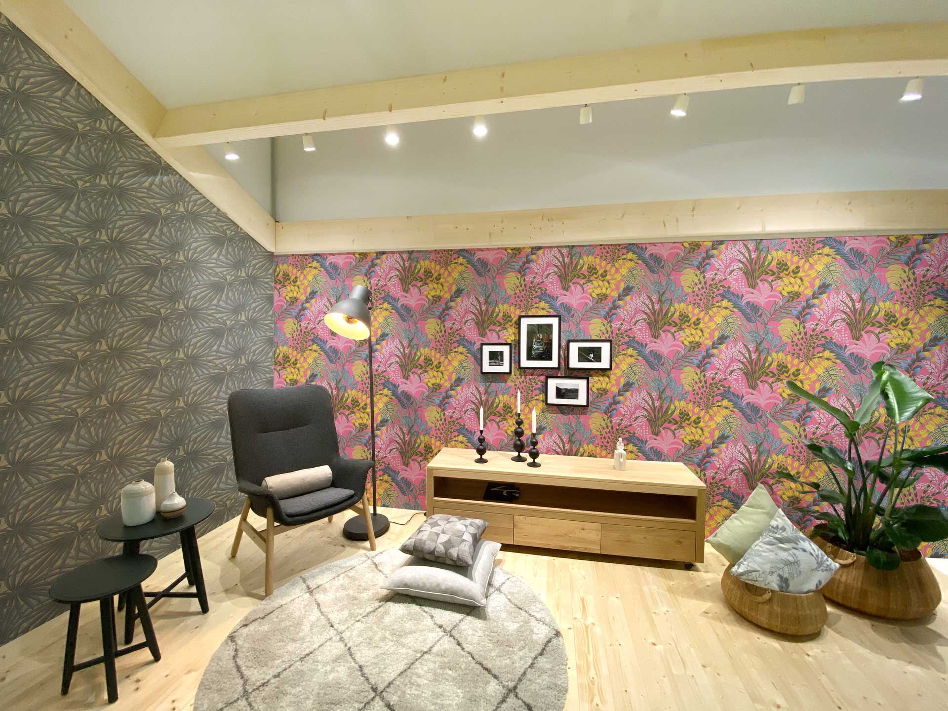 Digitally wallpapered living room example motif after