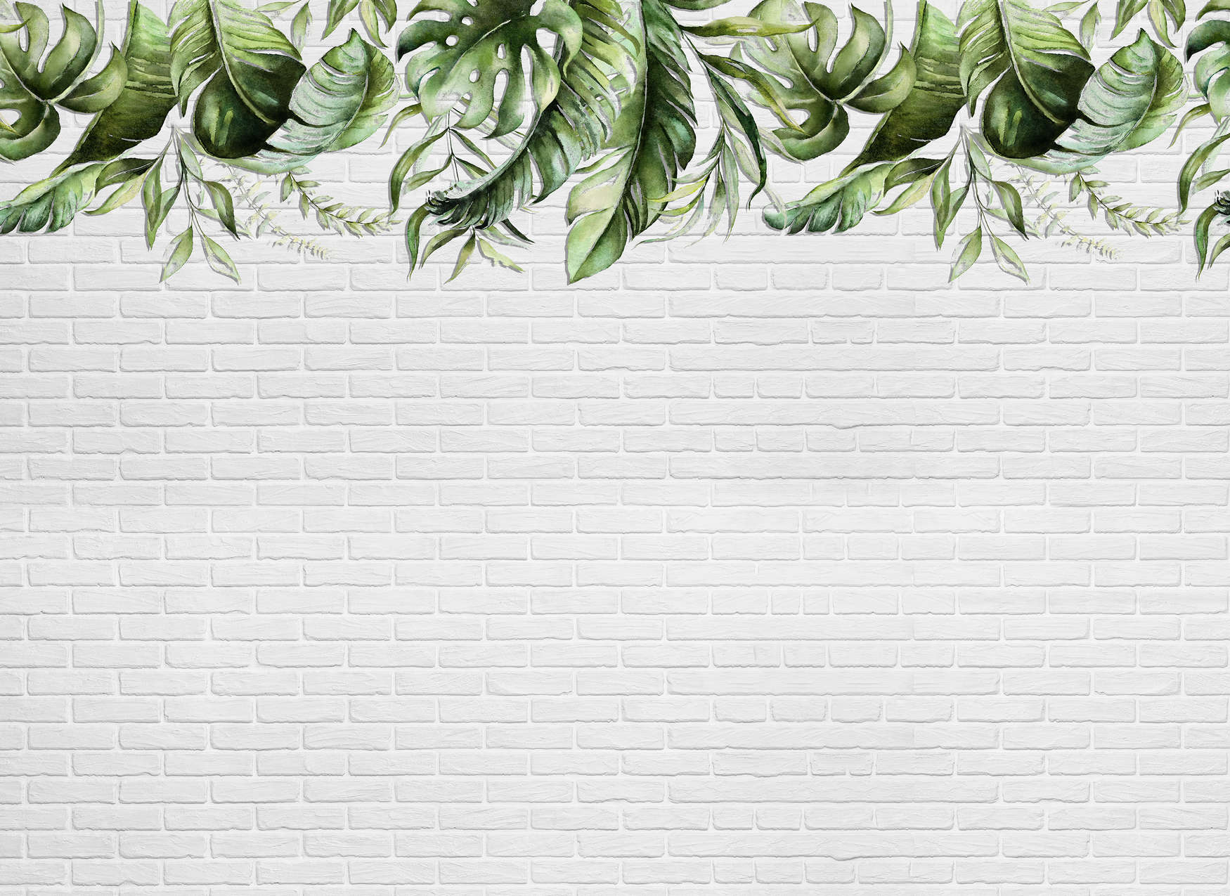             Digital behang met kleine bladranken op een stenen muur - Groen, Wit
        