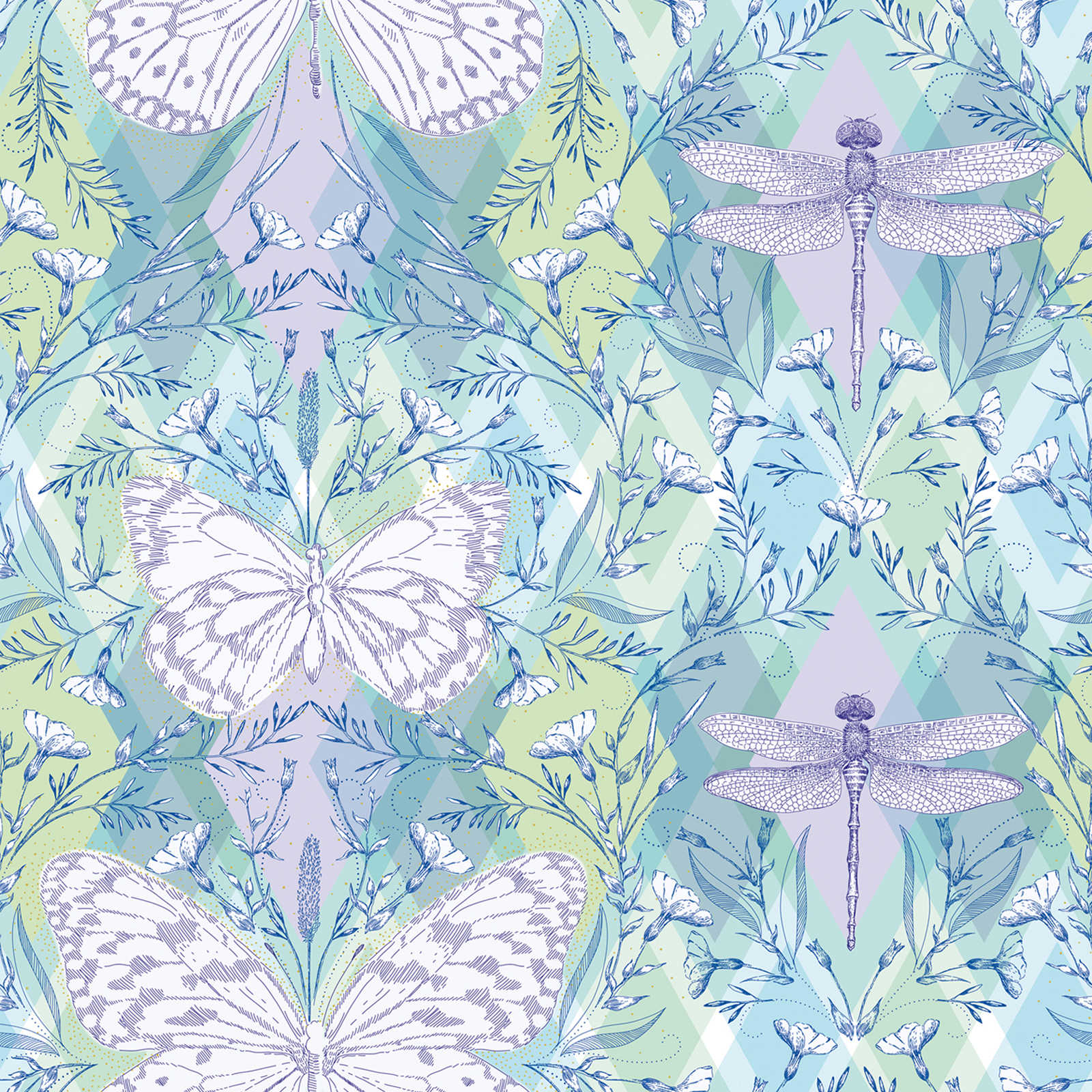 Ruitjespatroon behang met vlinders en libellen - veelkleurig, groen, paars
