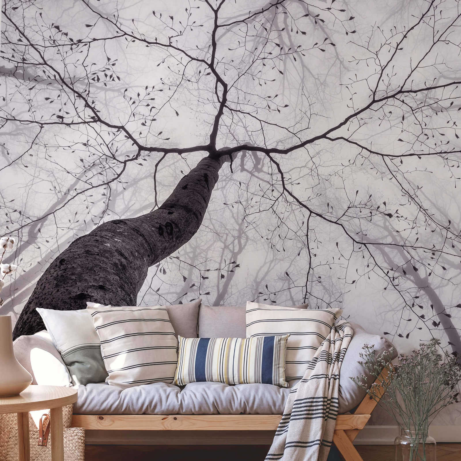             Nature mural treetops in the mist - grey, white
        