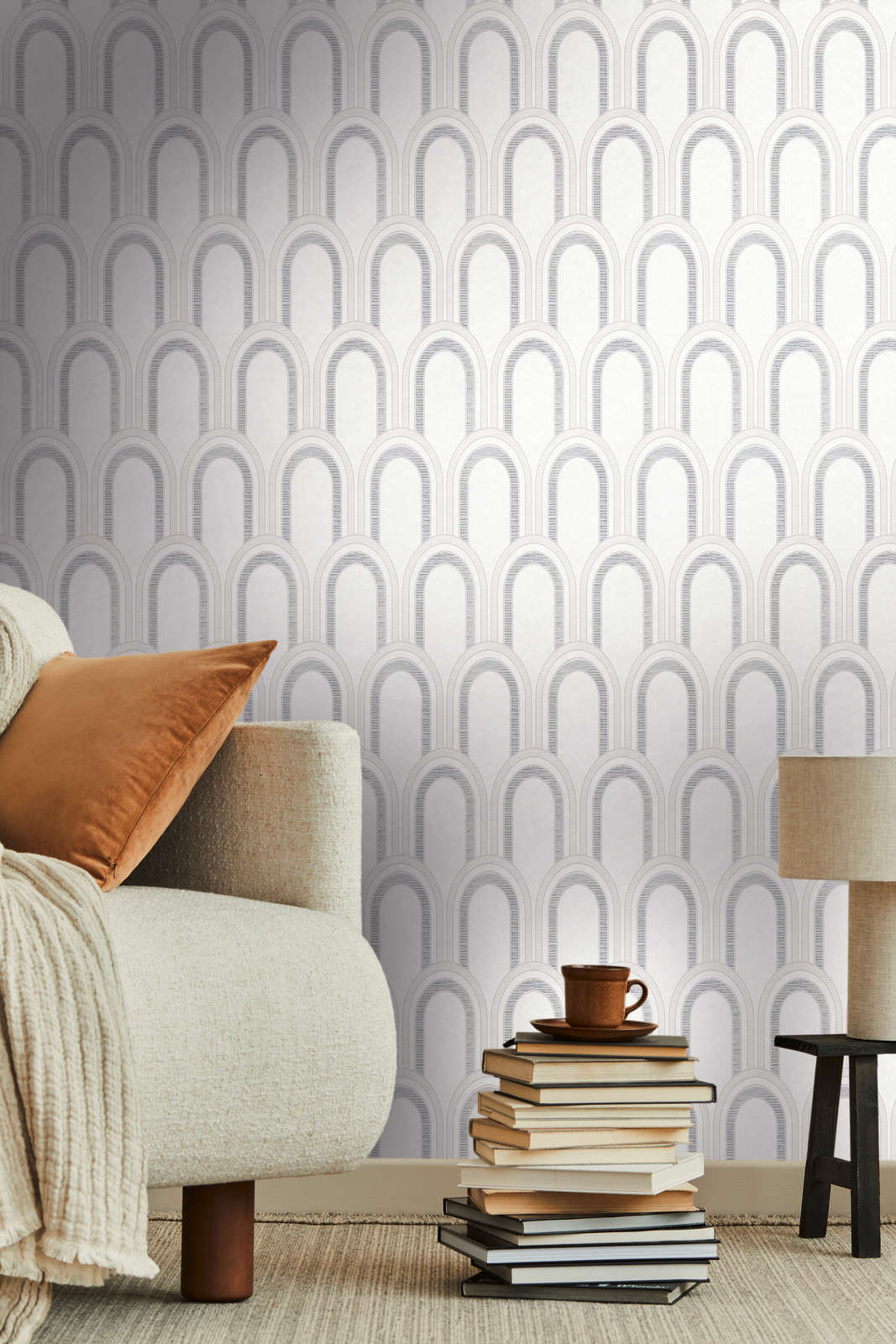             Non-woven wallpaper in bow look with gloss effect - white, grey, silver
        