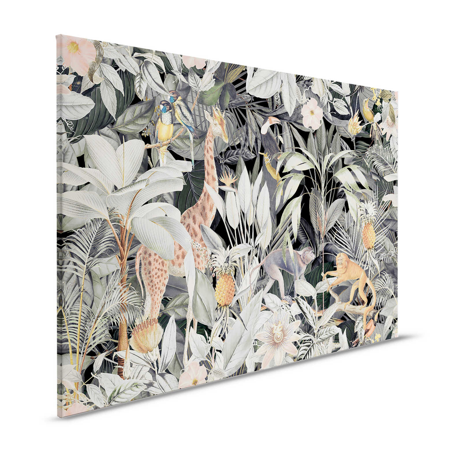 Pintura sobre lienzo de animales Jirafa y monos Motivo selva salvaje - 1,20 m x 0,80 m
