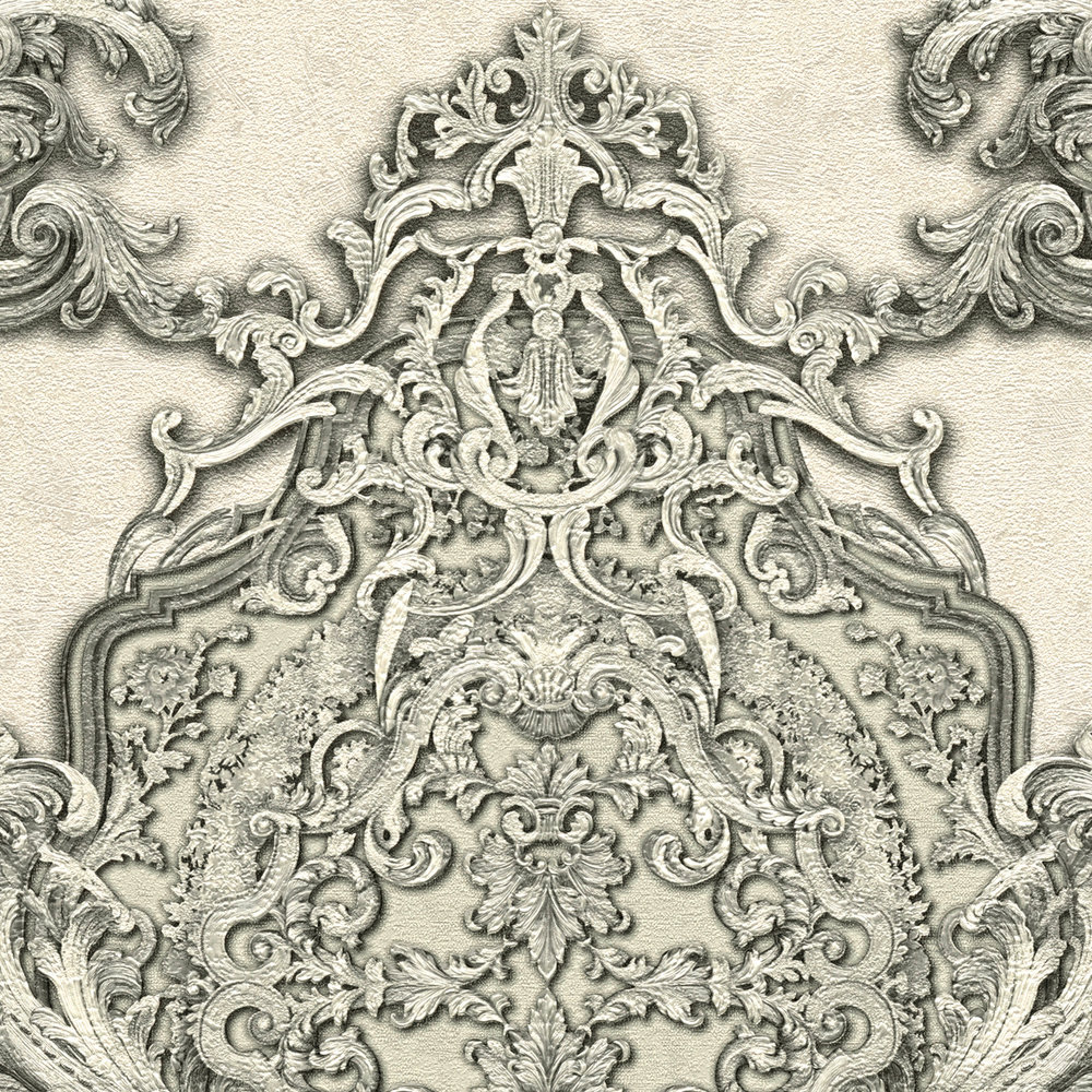             Papier peint ornemental avec motif métallique filigrane - beige, gris
        