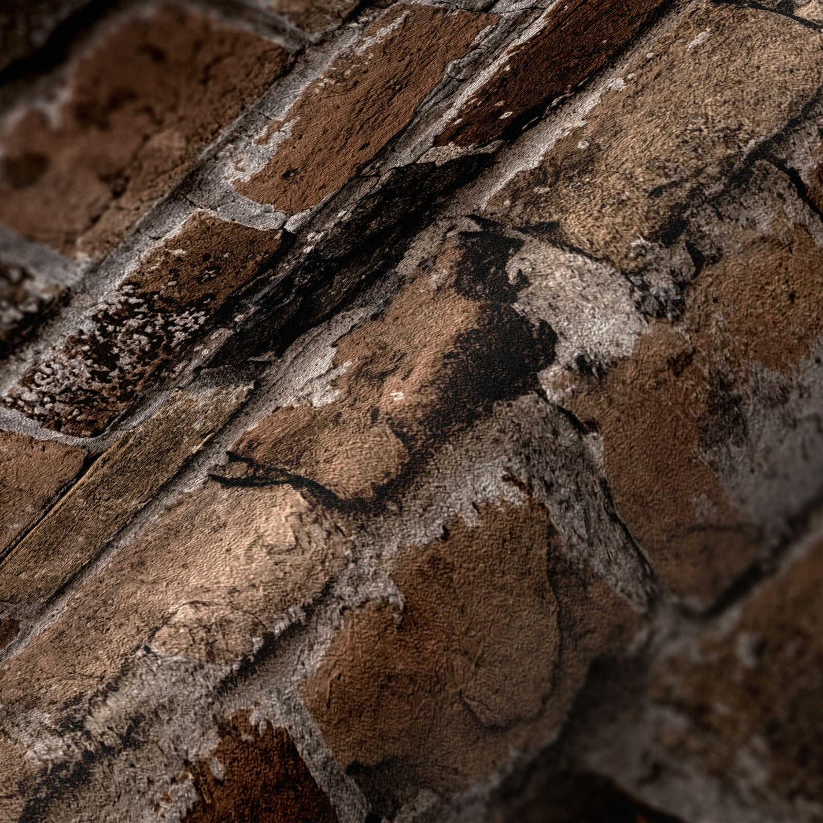             Papel pintado no tejido símil piedra con diseño de ladrillo - marrón
        